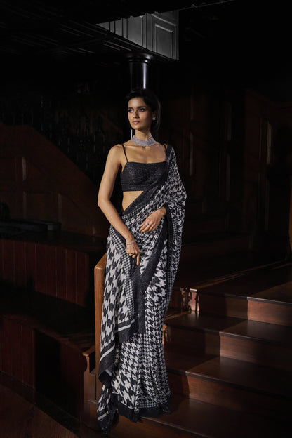 Hounds-Tooth Sequin Georgette Saree