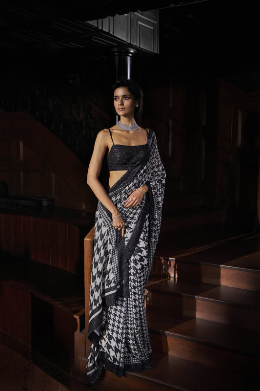 Hounds-Tooth Sequin Georgette Saree