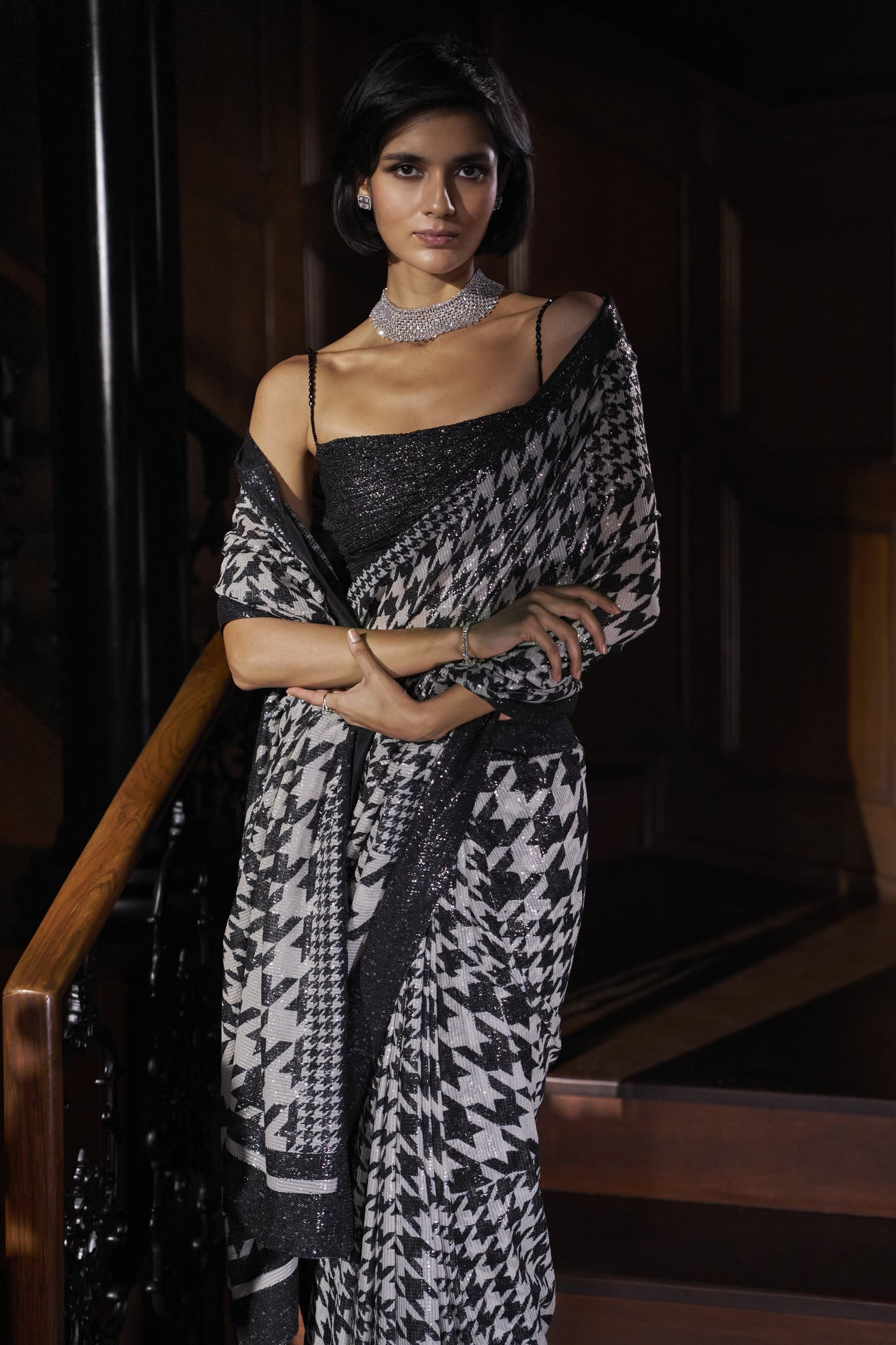 Hounds-Tooth Sequin Georgette Saree
