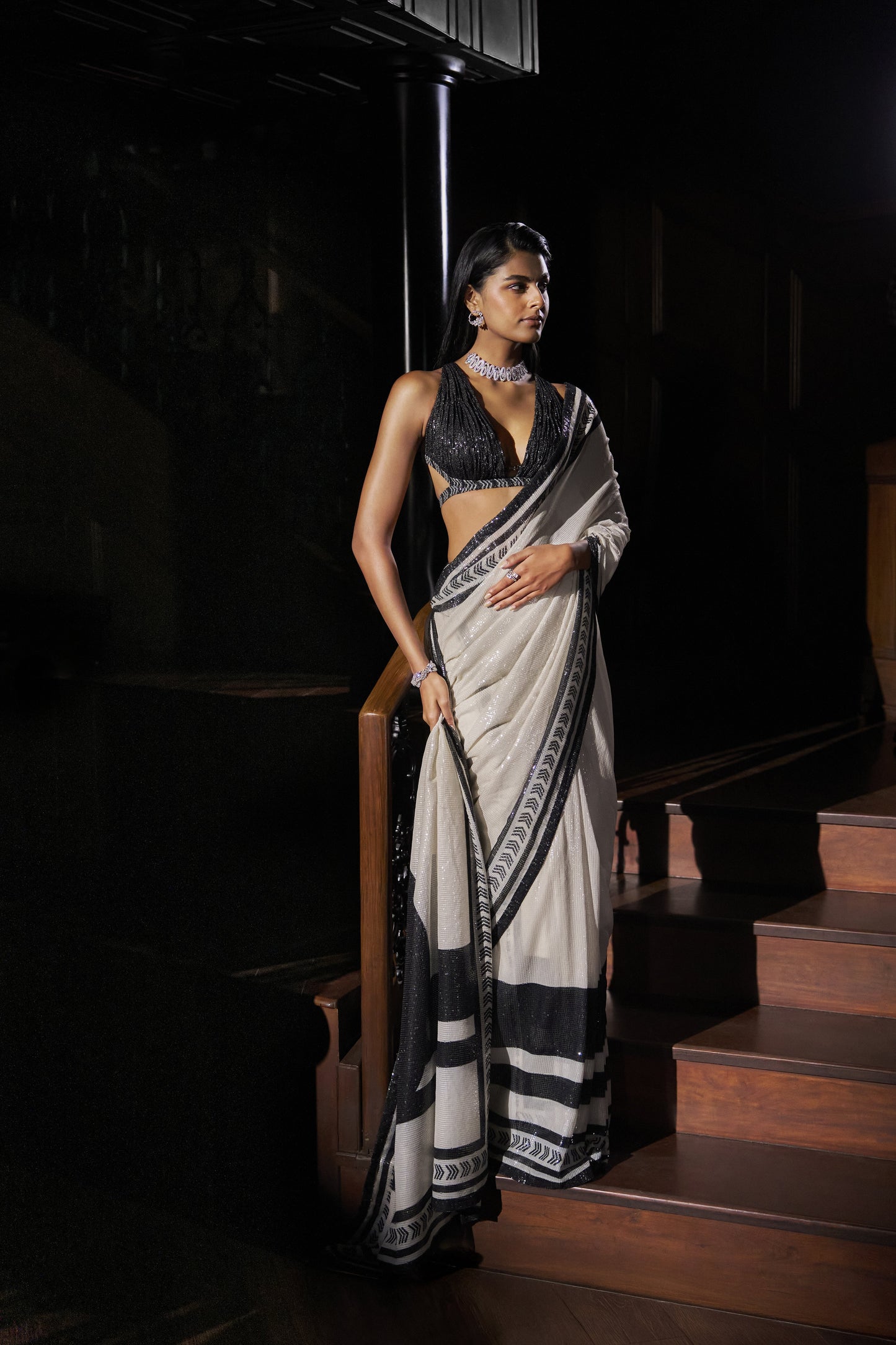 Black & White Sequin Georgette Saree