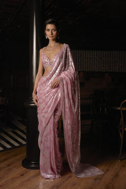 Pink Sequin Georgette Saree