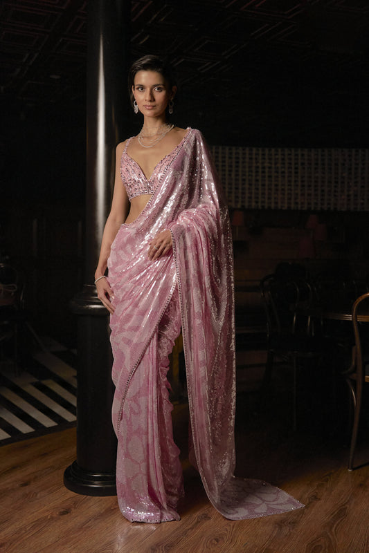 Pink Sequin Georgette Saree