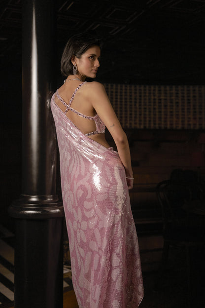 Pink Sequin Georgette Saree