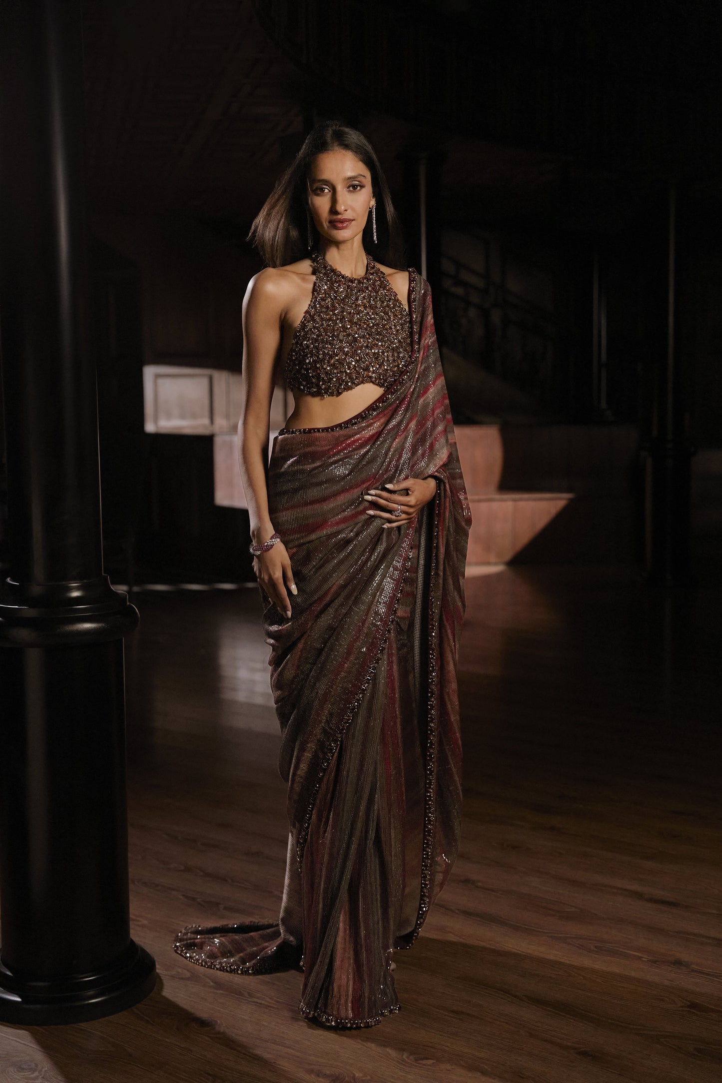 Vintage Wine Sequin Georgette Saree