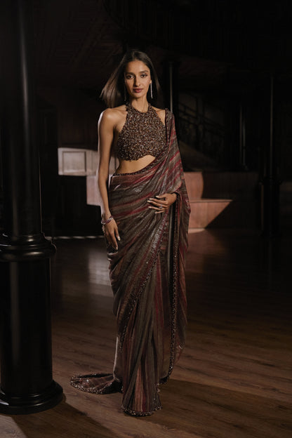 Vintage Wine Sequin Georgette Saree