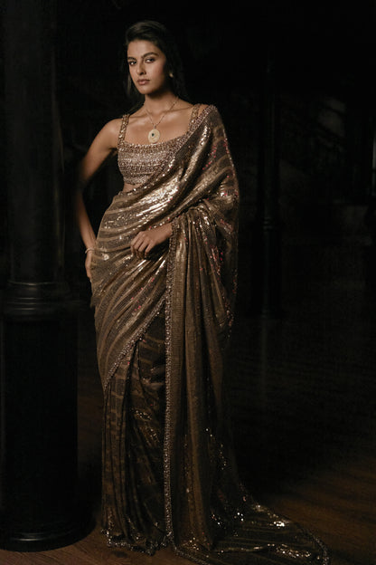 Antique Gold Sequin Georgette Saree