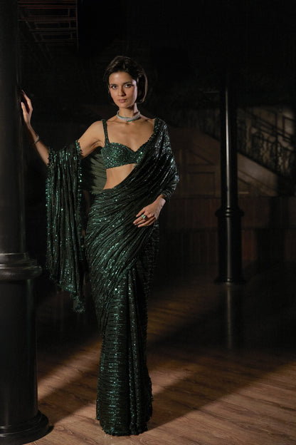 Emerald Green Sequin Georgette Saree