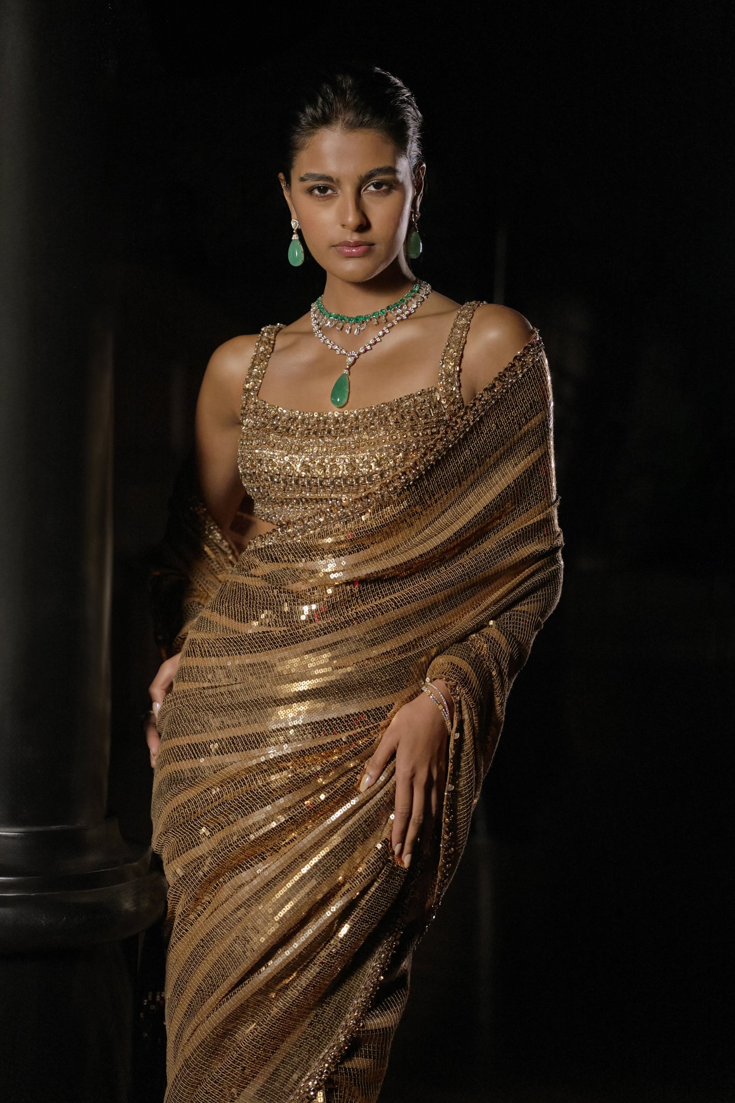 Antique Gold Sequin Georgette Saree