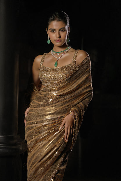 Antique Gold Sequin Georgette Saree
