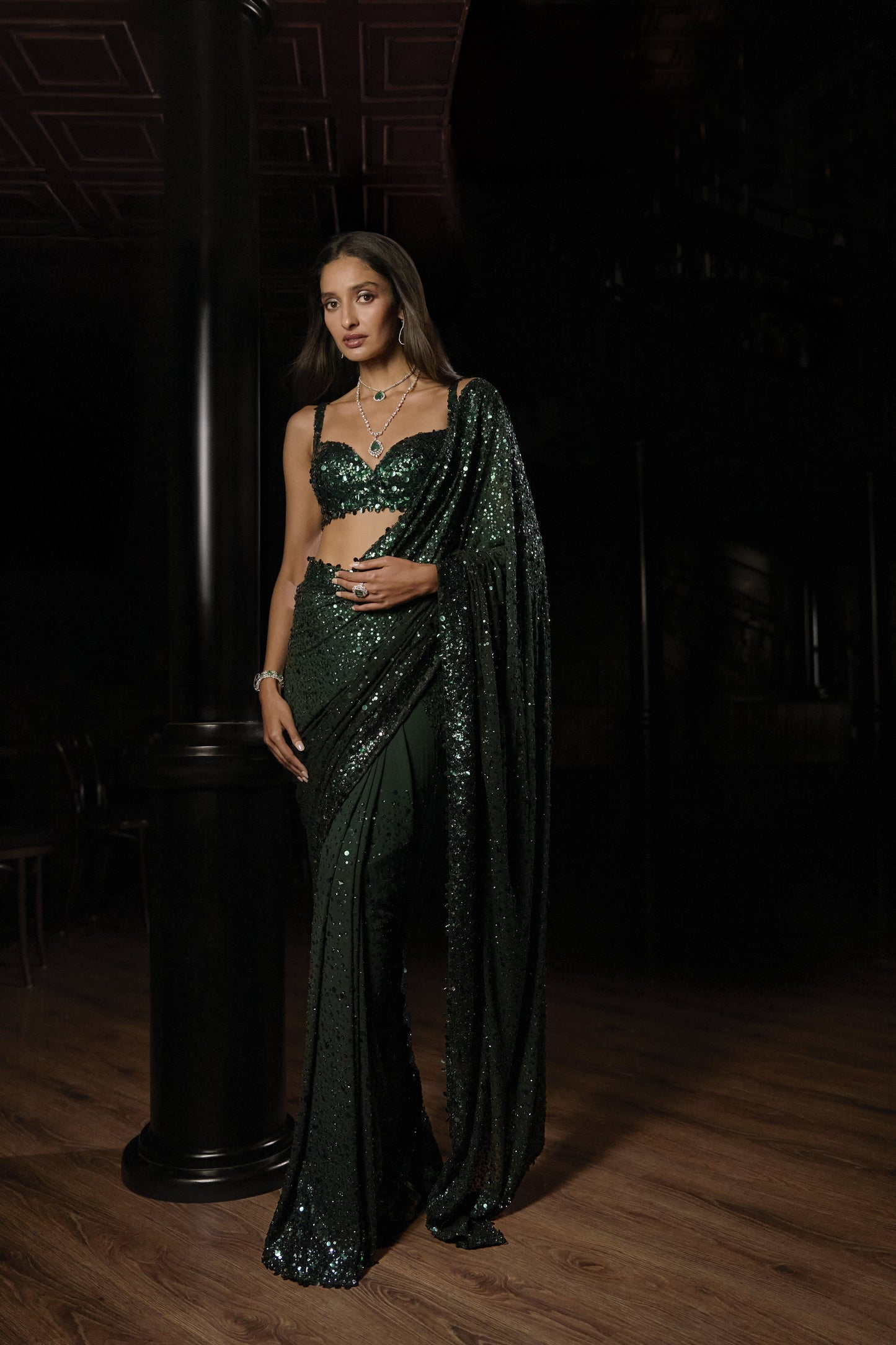 Emerald Green Ombre Sequin Georgette Saree