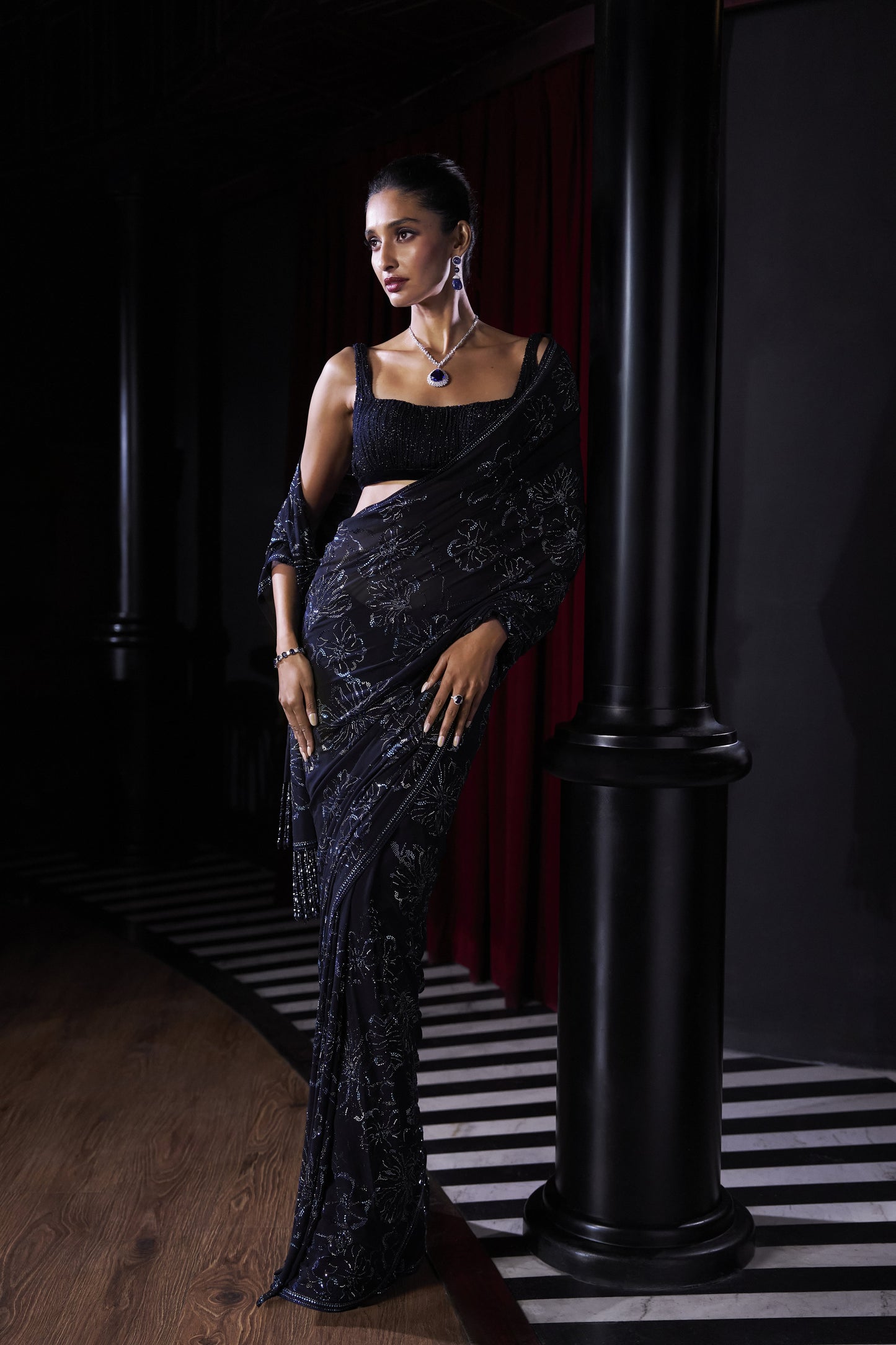 Midnight blue Crystal Georgette Saree