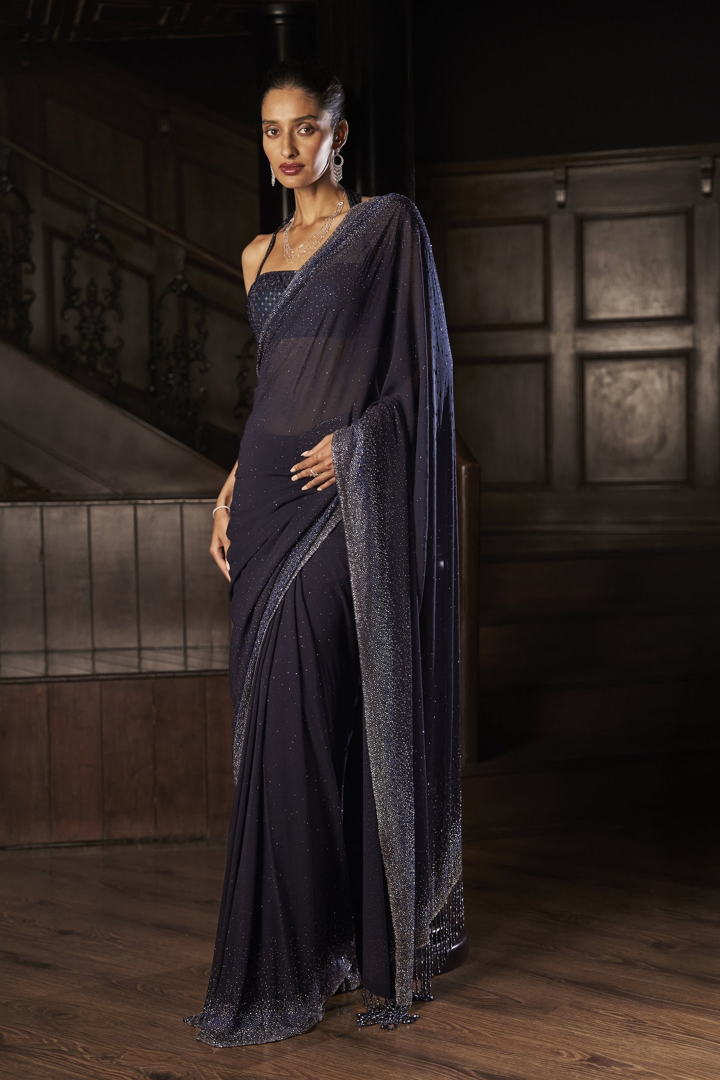 Navy Blue Crystal Georgette Saree