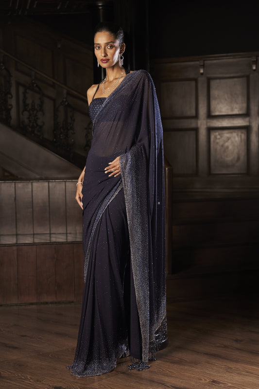 Navy Blue Crystal Georgette Saree