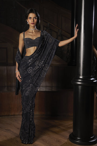 Steel Blue Crystal Georgette Saree