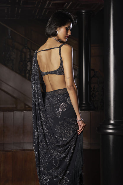 Steel Blue Crystal Georgette Saree