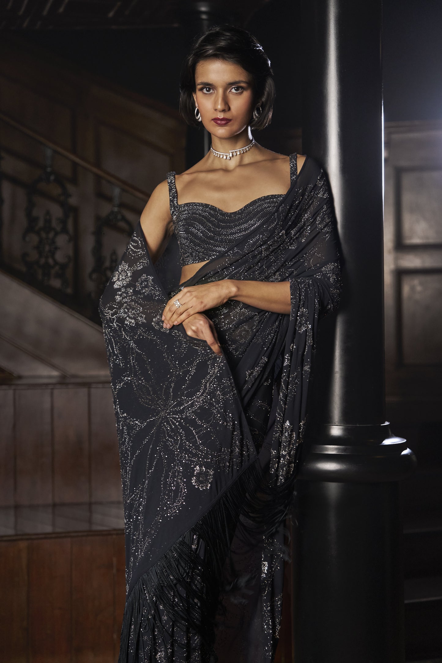 Steel Blue Crystal Georgette Saree