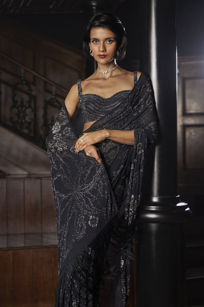 Steel Blue Crystal Georgette Saree