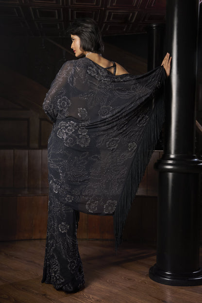 Steel Blue Crystal Georgette Saree