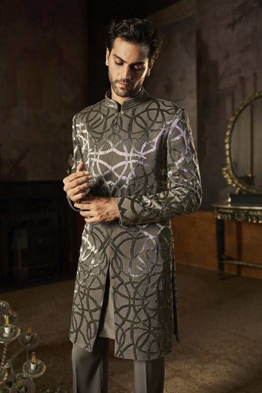 Grey Metallic Sherwani Set