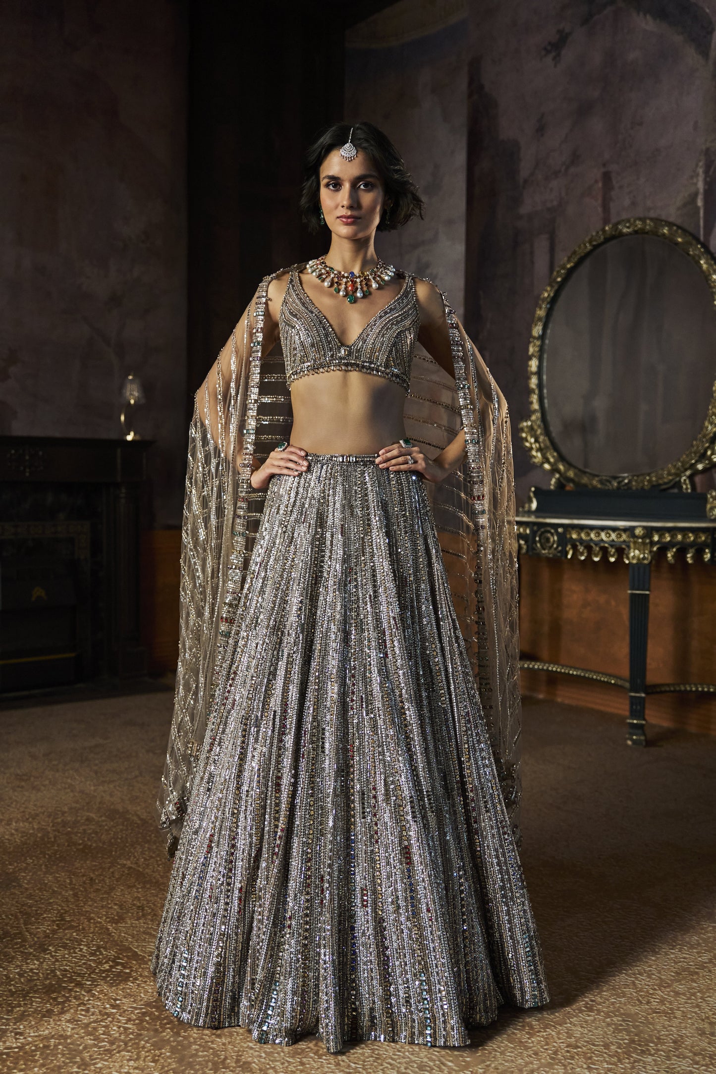 Charcoal Multi-Coloured Crystal Lehenga Set