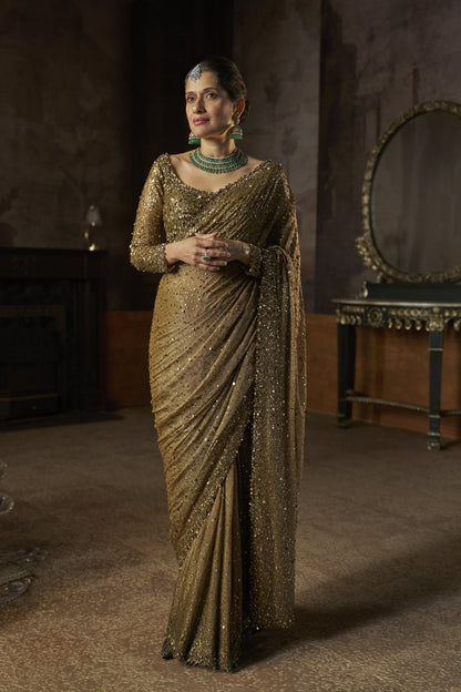 Antique Gold Georgette Sequin Saree
