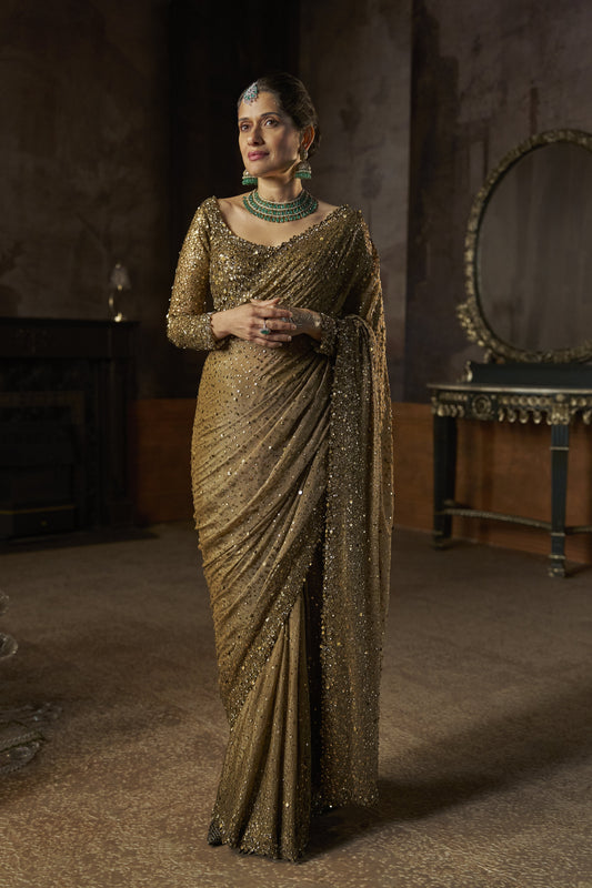 Antique Gold Georgette Sequin Saree
