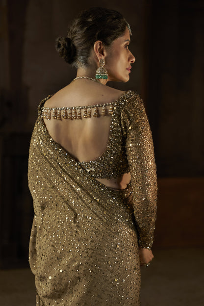 Antique Gold Georgette Sequin Saree