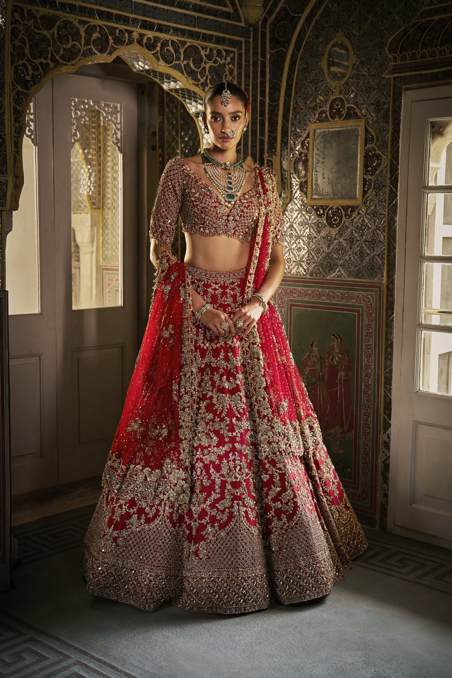 Red Crystal Zardosi Lehenga Set