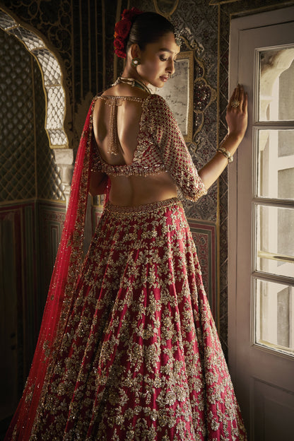 Red Crystal Zardosi Lehenga Set