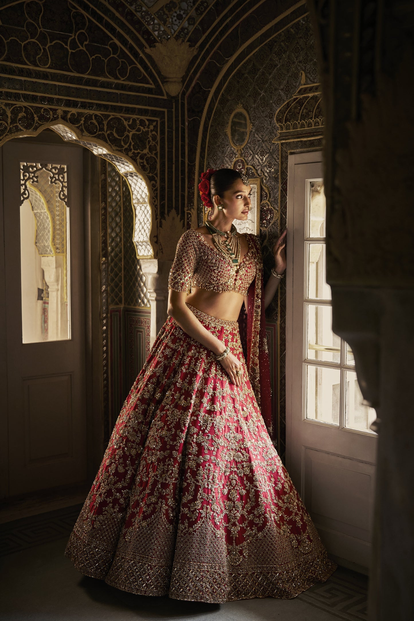 Red Crystal Zardosi Lehenga Set