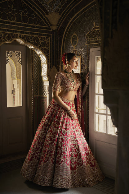 Red Crystal Zardosi Lehenga Set