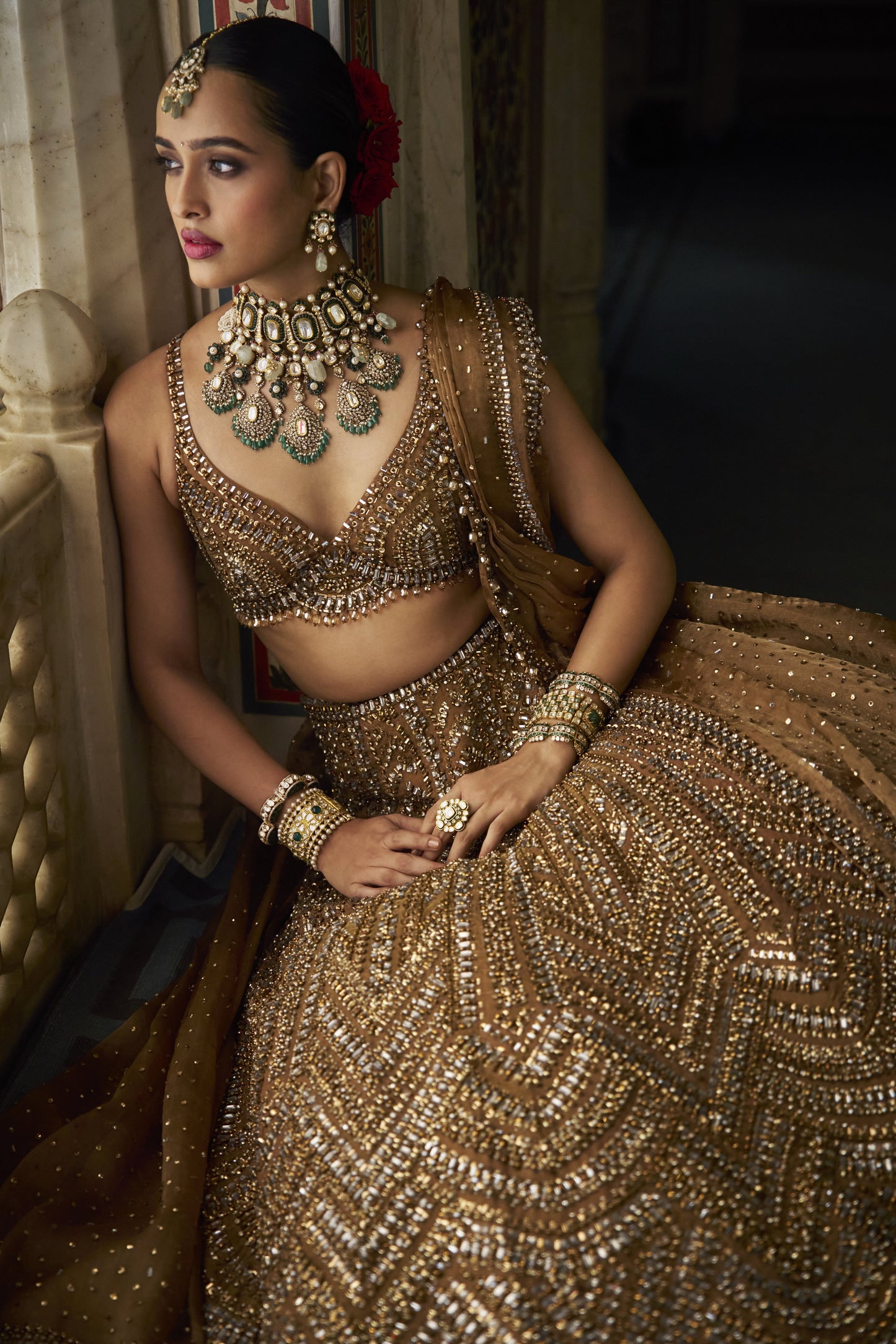 Copper Gold Crystal Lehenga Set