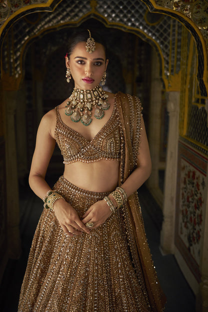 Copper Gold Crystal Lehenga Set