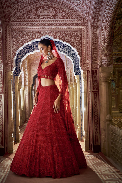Red Cut Work Lehenga Set