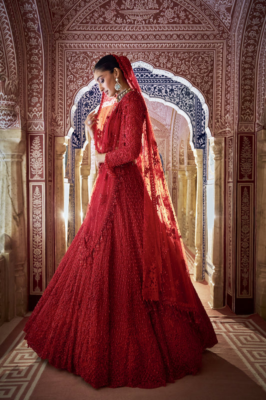 Red Cut Work Lehenga Set