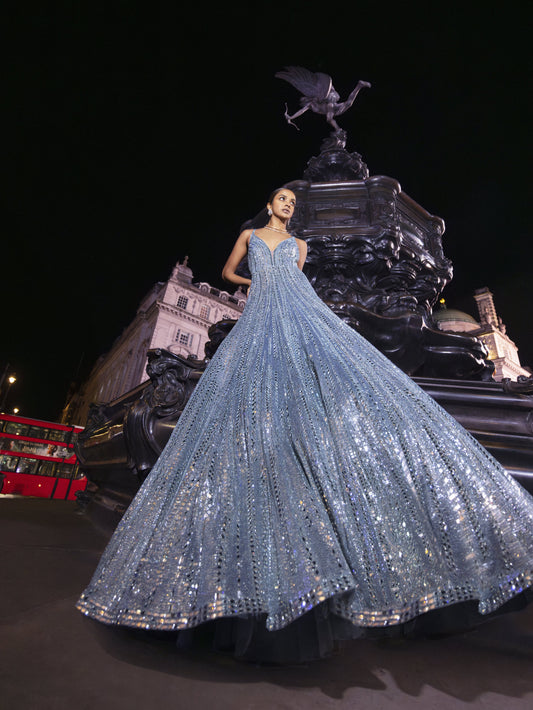 Ice Blue Mirror Work Gown