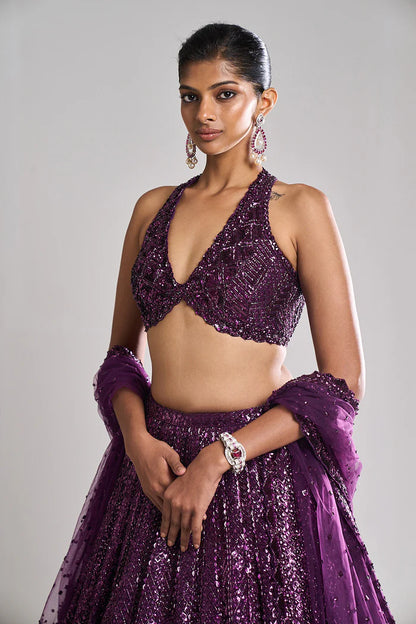 Pooja Hegde in Burgundy Sequin Lehenga Set