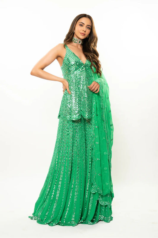 Green Mirror Work designer Sharara Suit