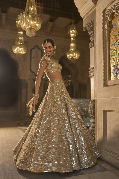 Gold Mirror Work Lehenga Set