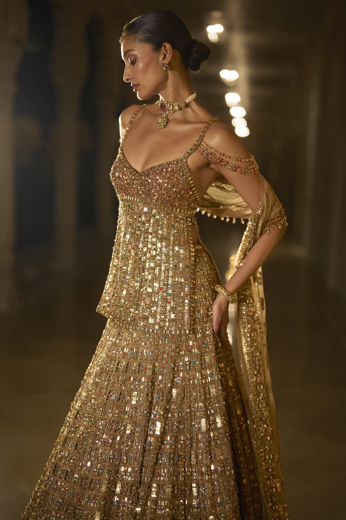 Antique Gold Multi-Coloured Stone Lehenga Set