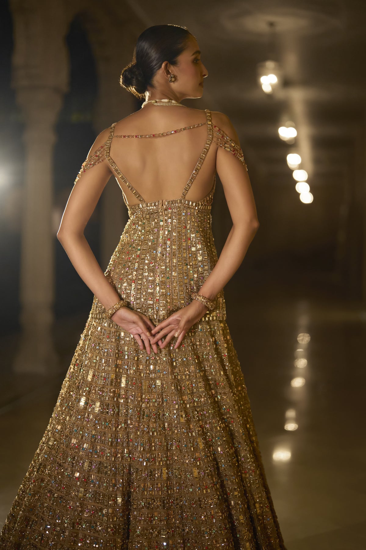 Antique Gold Multi-Coloured Stone Lehenga Set