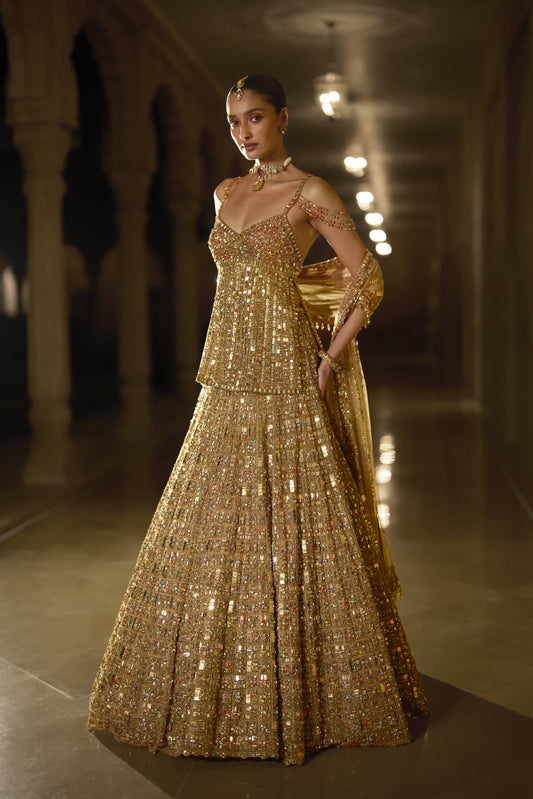 Antique Gold Multi-Coloured Stone Lehenga Set