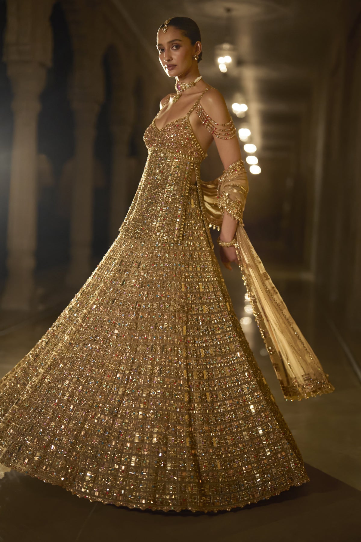 Antique Gold Multi-Coloured Stone Lehenga Set