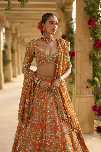 Burnt Orange Zardosi Lehenga Set