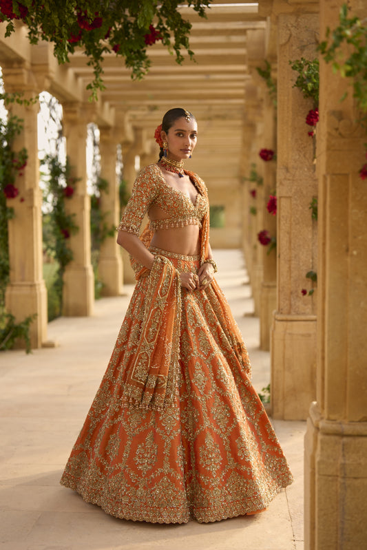 Burnt Orange Zardosi Lehenga Set