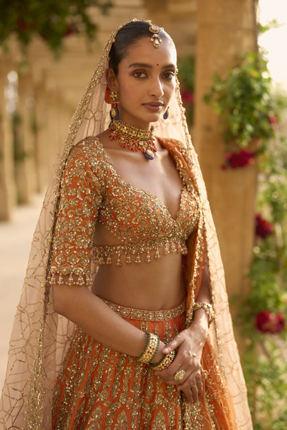 Burnt Orange Zardosi Lehenga Set