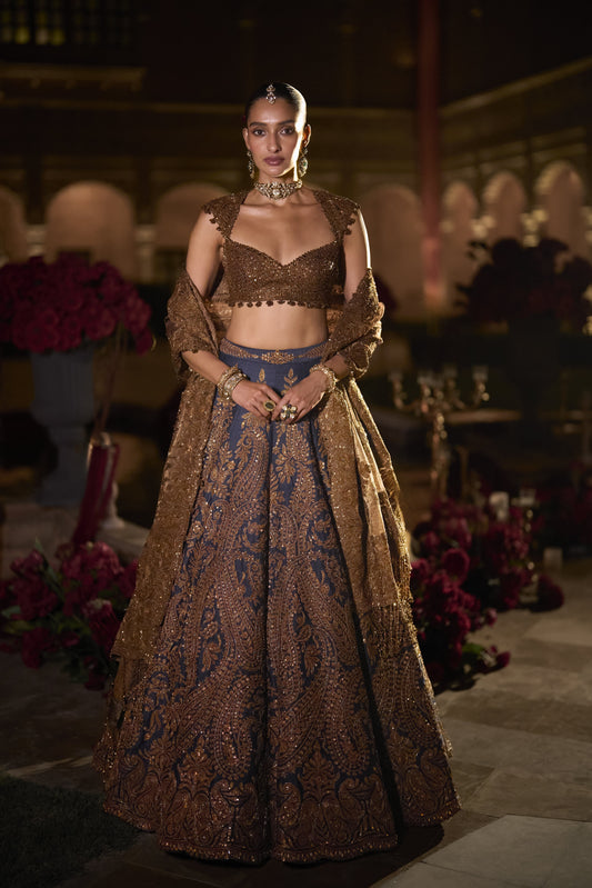 Navy Blue Paisely Lehenga Set