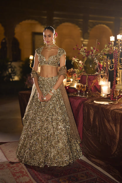 Antique Gold Jeweled Lehenga Set