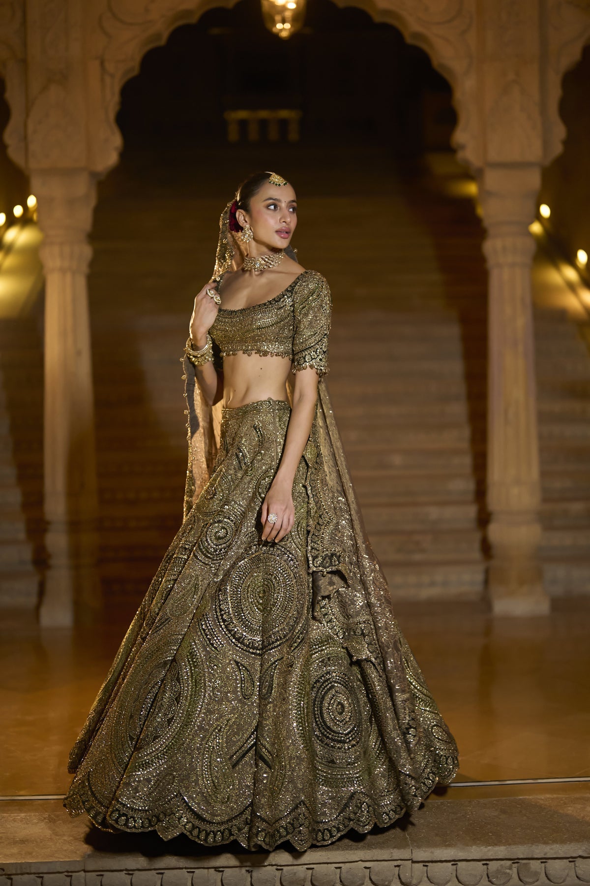 Moss Green Applique Lehenga Set