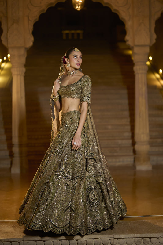 Moss Green Applique Lehenga Set